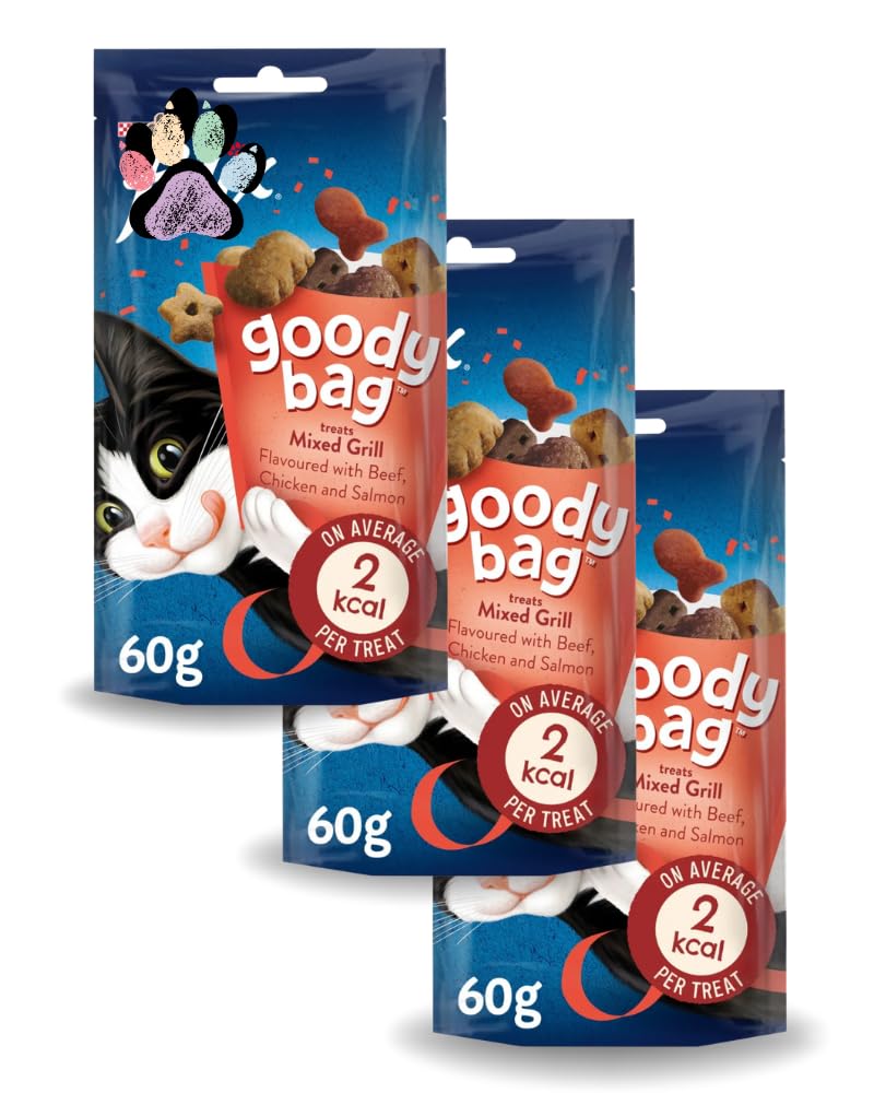Cat Snack pack of 3 bundle Goody Bag Mixed Grill Cat Treats, Beef, Chicken and Salmon Flavoured, 60g each, 2 Kcal per Treat, with E-Ficci Thank you card