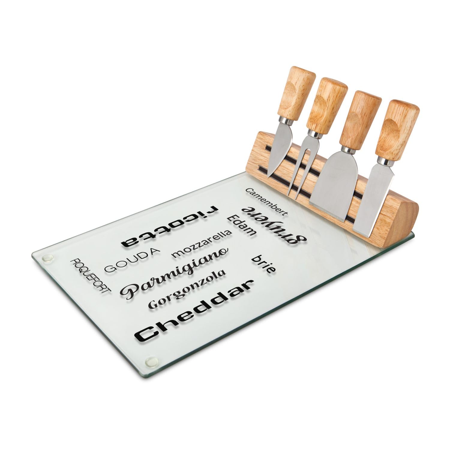 ROMINOX Geschenkartikel Käse-Set // Vetro – Pflegeleichtes Käsezubehör 5-teilig: Glasplatte, Holzkörper mit magnetischer Halterung, 4 praktische Käsebesteckteile; Maße: ca. 30 x 20 x 12 cm
