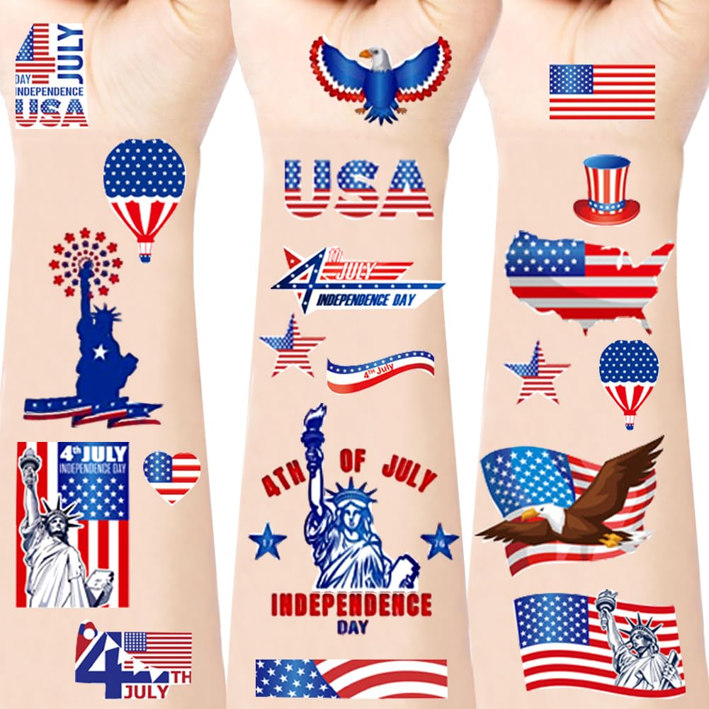 4th of July Temporary Tattoos, 10 Sheets July 4 American Flag Stickers Red White and Blue USA Flag Patriotic Decorations, Independence Day Party Supplies for Memorial Day, Labor Day Decor