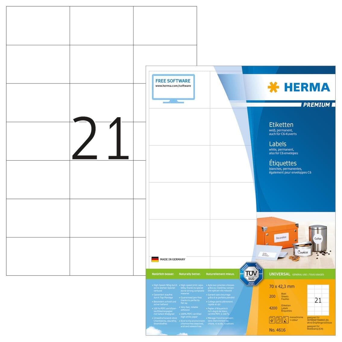 HERMA Etikett PREMIUM 4616 70x42,3mm weiß 4.200 St./Pack. - Universaletiketten Vielzwecketiketten Adressetiketten Computeretiketten Druckeretiketten Haftetiketten Produktetiketten