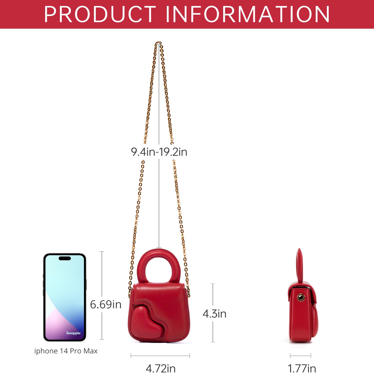 LAFESTIN Small Cowhide Leather Heart Purse For Women With Removable Shoulder Chain Strap - Designer Evening Bag With Heart Shape Mirror Heart Shaped Crossbody Purse For Wedding Cocktail Prom Club-Red