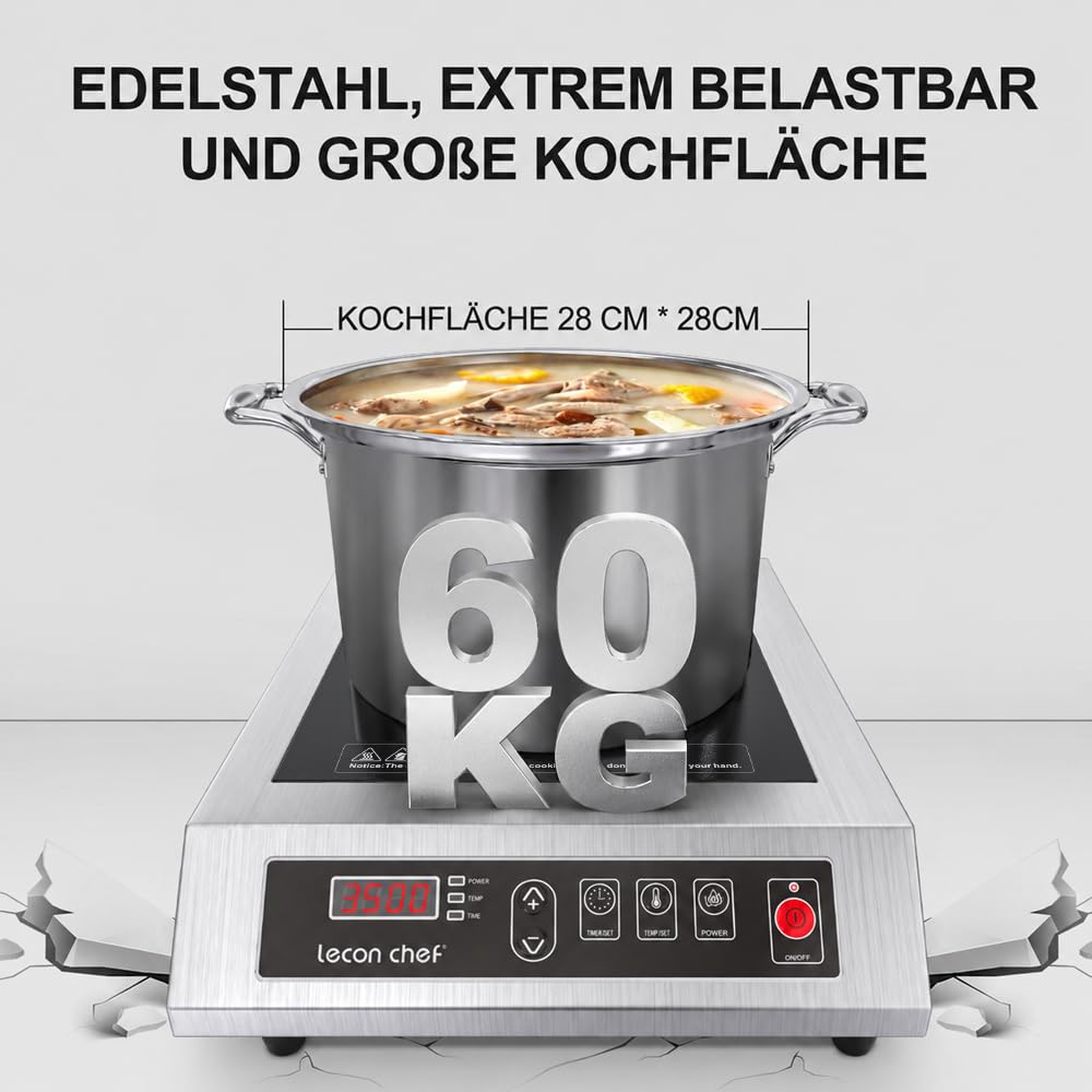 Induktionskochfled, 3500W Kochplatten, Edelstahlgehäuse | Timer und Voreinstellung, 10 Temperatur- und Leistungsstufeneinstellungen, 60KG Große Tragfähigkeit