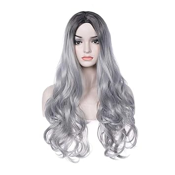 BERON Long Wavy Ombre Silver Gray Wig Center Part wig for Women Girls with Wig Cap (Black Ombre Silver Gray)