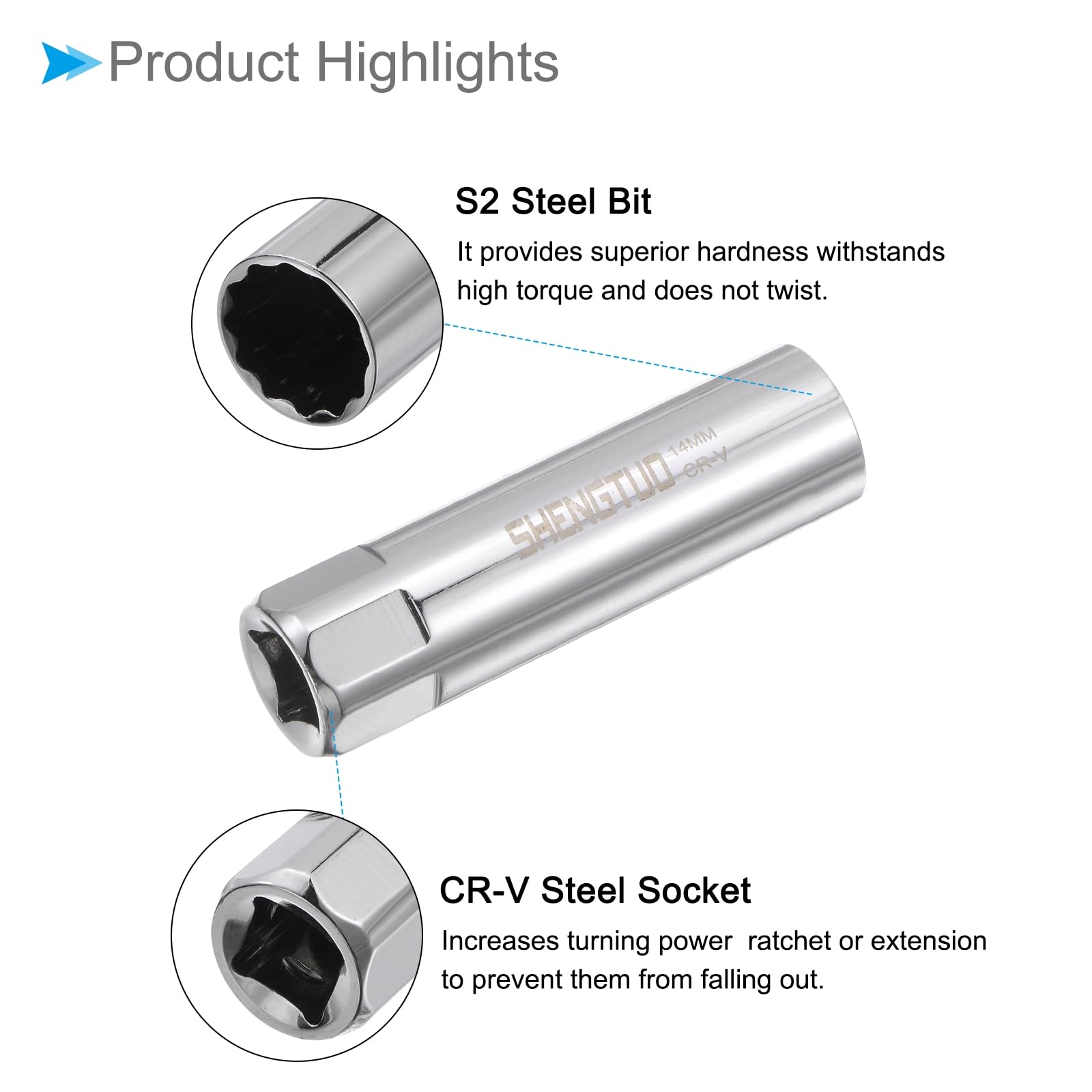 CoCud Spark Plug Socket Set, Metric 14mm 3/8" Drive 2.5" Length, CR-V Mirror Finish Magnetic Socket with Socket Extension - Image 4