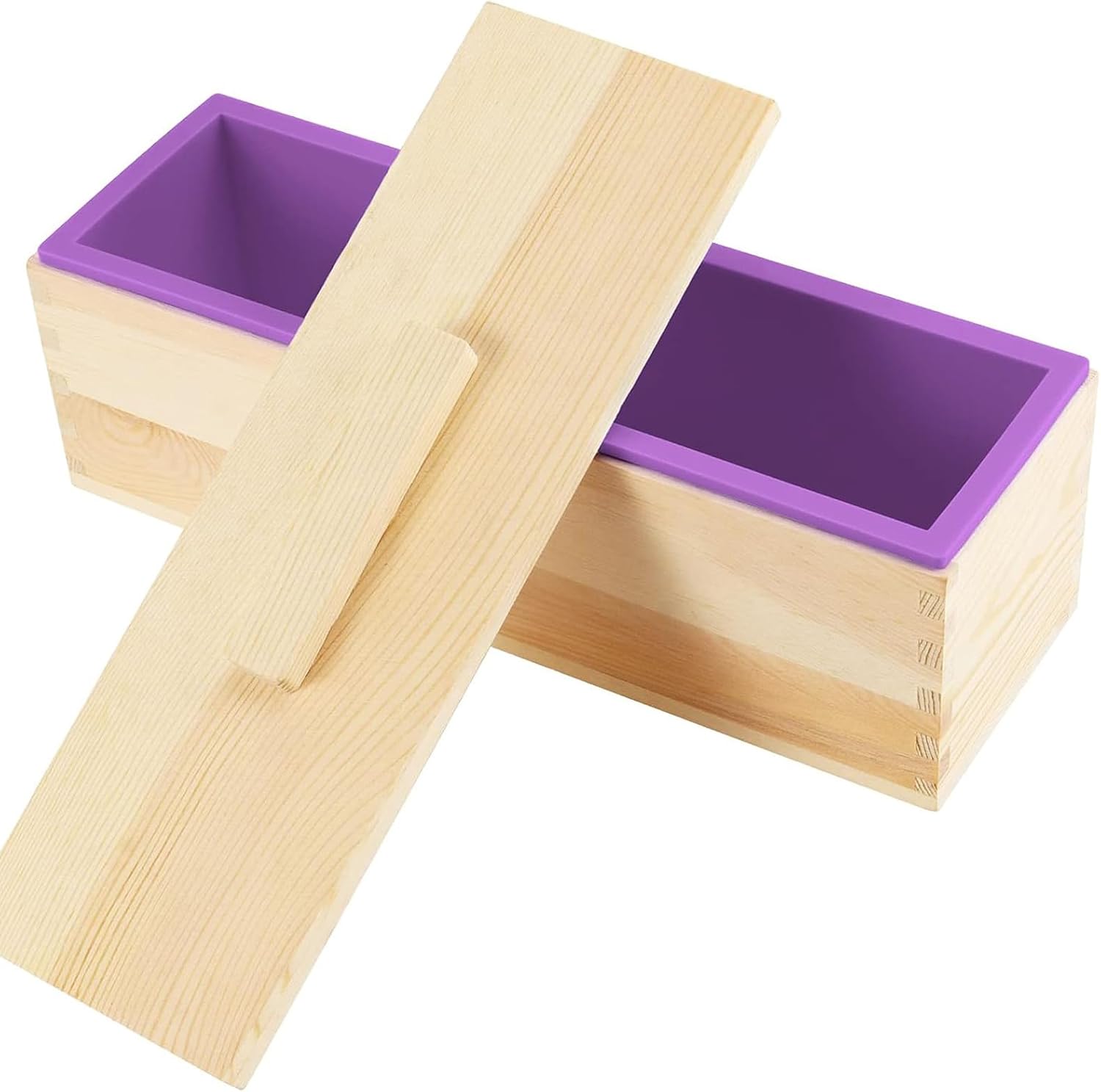3PCS 47oz Silicone Soap Kit, Purple Rectangular Silicone Loaf Soap Making with 3 Wooden Boxes and 3 Lids, DIY Supplies for Soap Making