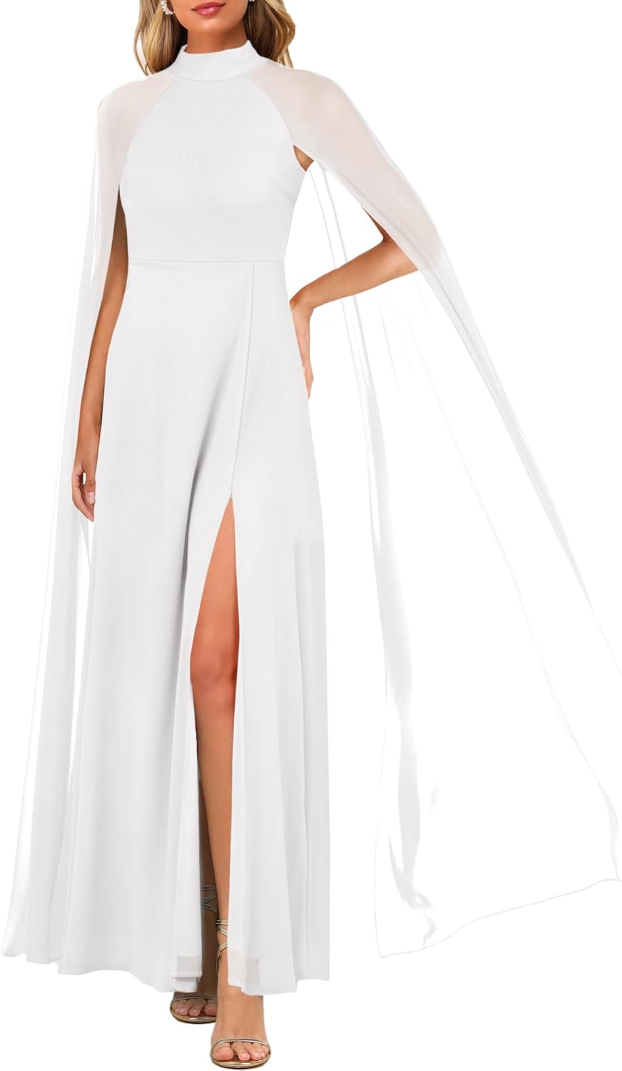 MAYFASEY Women's Elegant Long Sleeve Halter Neck Sexy Split Cocktail Evening Party A Line Maxi Long Formal Dress with Cape - Image 5