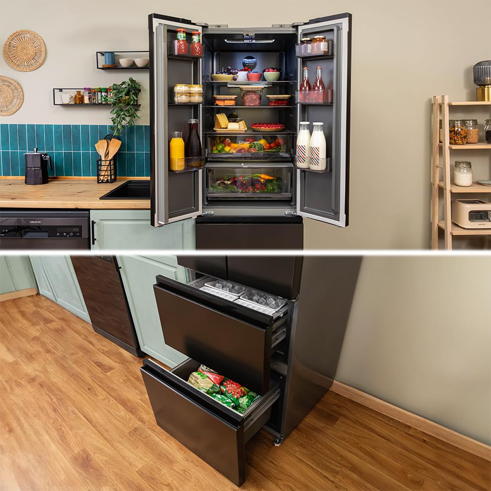Cecotec Refrigerateur Congelateur 4 Portes Française Bolero CoolMarket Combi F2D 400 Dark E. Réfrigérateur 400L, inox foncé, NoFrost, MultiAirFlow, Inverter, mode ECO, bacs fruits et alarmes