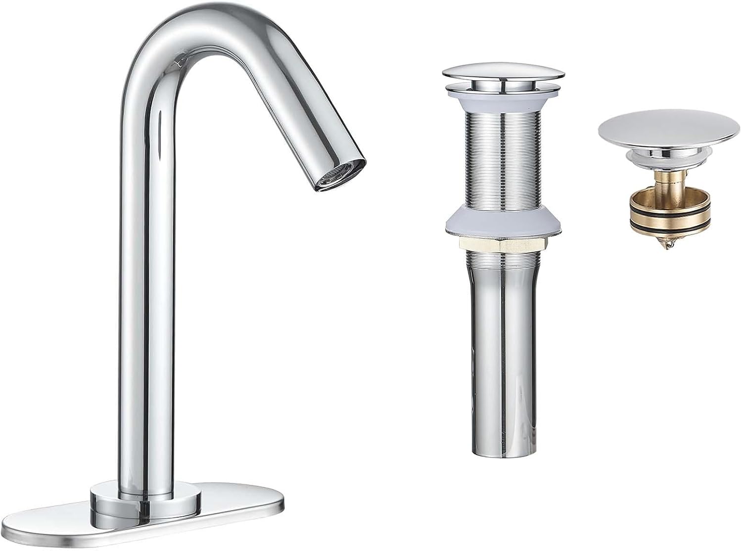 BWE Touchless Bathroom Sink Faucet,Chrome Automatic Motion Sensor Faucet Bundle with Chrome One-Piece Bathroom Sink Drain Stopper Without Overflow Vessel Vanity Faucet