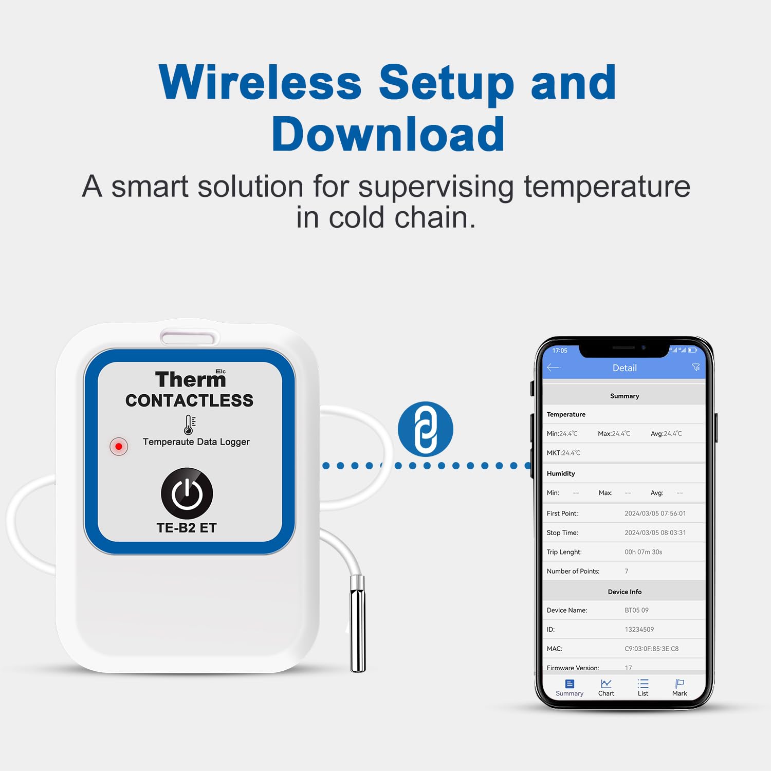 ThermElc TE-B2 ET Externer Temperaturlogger, wasserdichter Temperatursensor aus Stahl, App-basierte Datenerfassung und geräteübergreifende Diagramme für Terrarien, Aquarien, Museen und Gewächshäuser