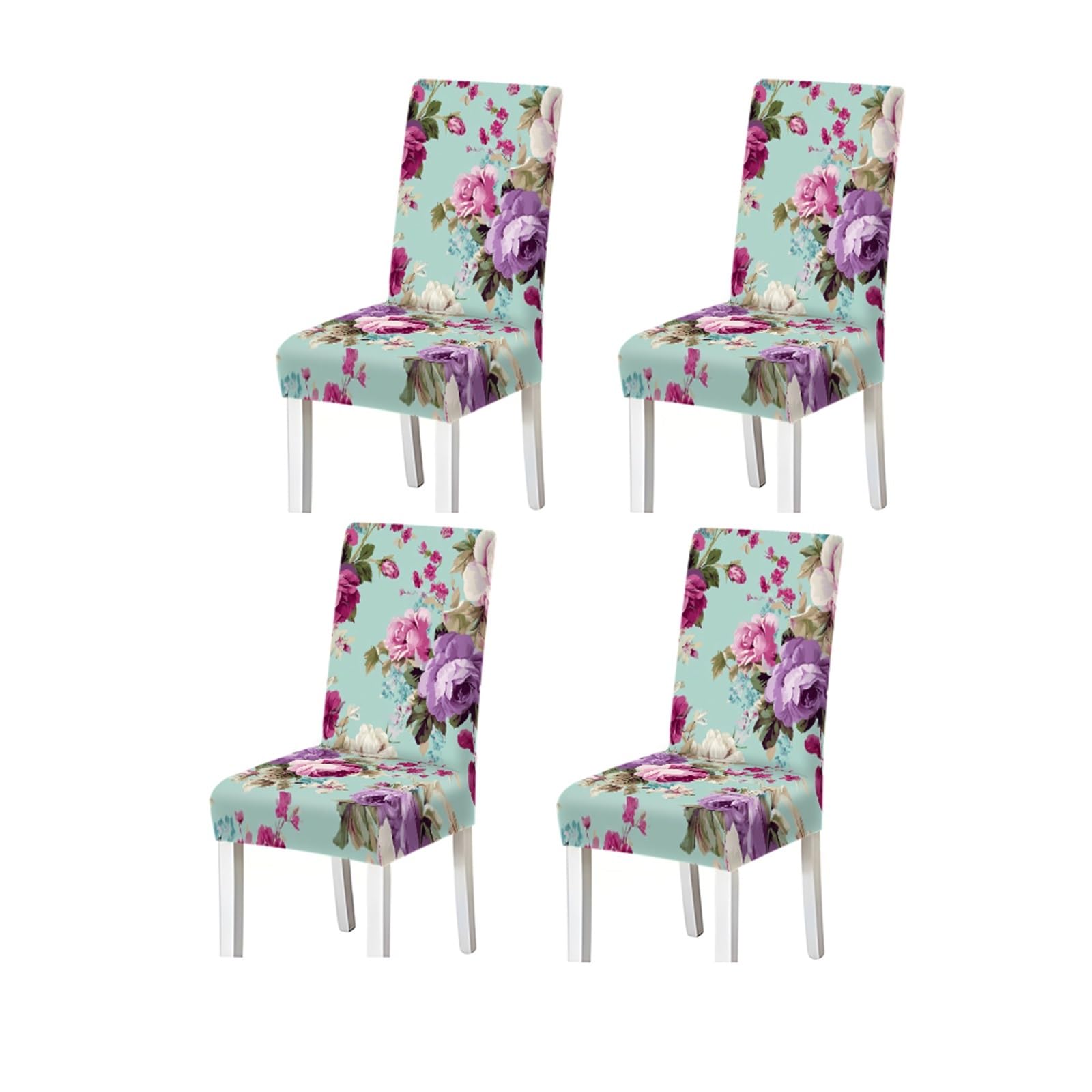 FZJKGH Mint Blue Rose Floral Dining Chair Covers Set Of 2/4/6, Stretch Washable High Back Chair Slipcovers, Vintage Cottage Home Decor Removable Stretch Slipcovers for Dining Chairs(4PCSChair cover)