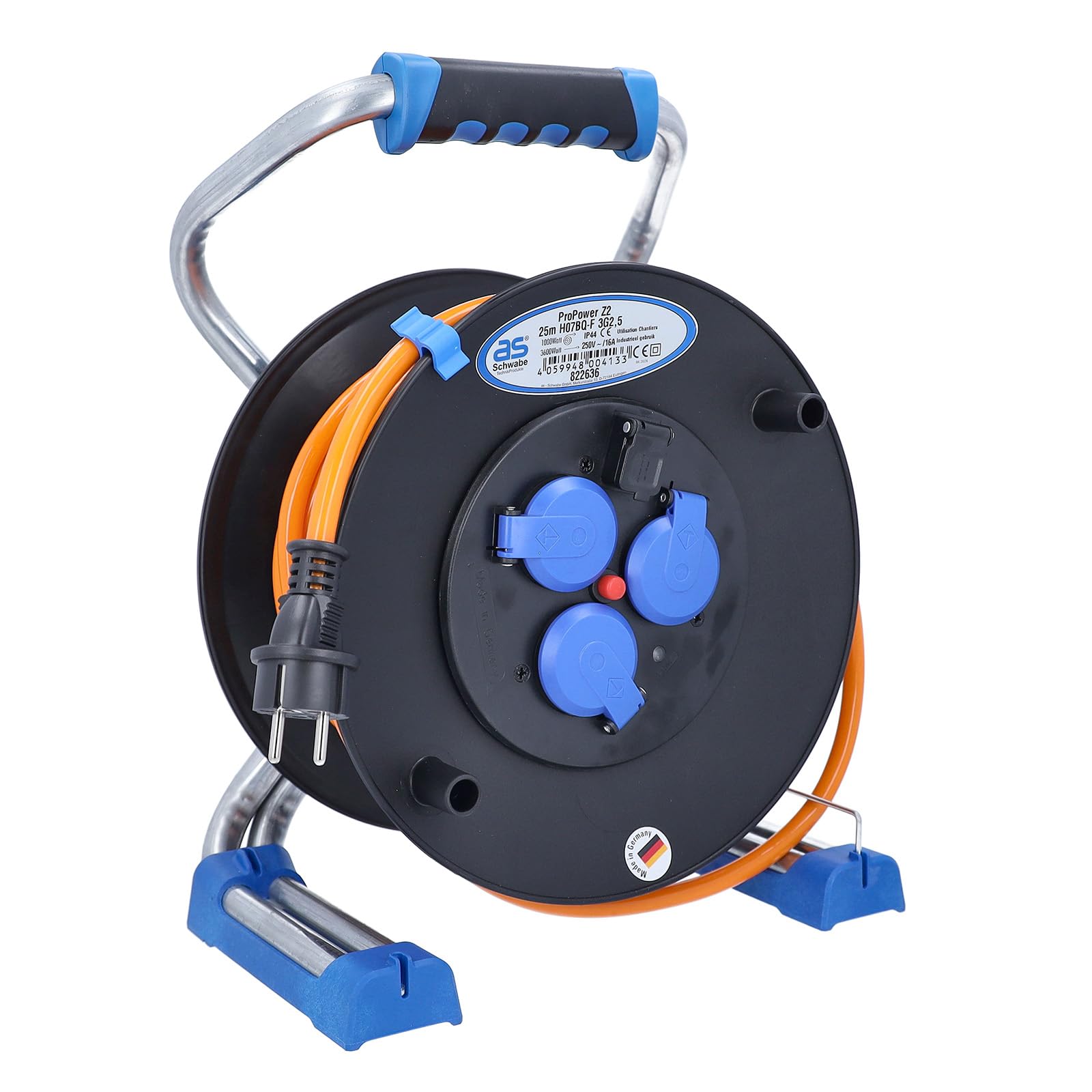 as ‑ Schwabe Xperts avvolgicavo 25 m H07BQ‑F 3G2,5, IP44 esterno, 3 prese con terra + porta USB, indicatore di tensione, protezione termica, Made in Germany