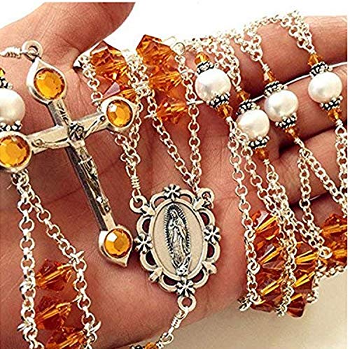 Elegantmedical Ladder To Heaven Crystal & 10Mm Real Pearl Beads Catholic Rosary Cross Necklace Sterling Silver Beads Caps #TOP3