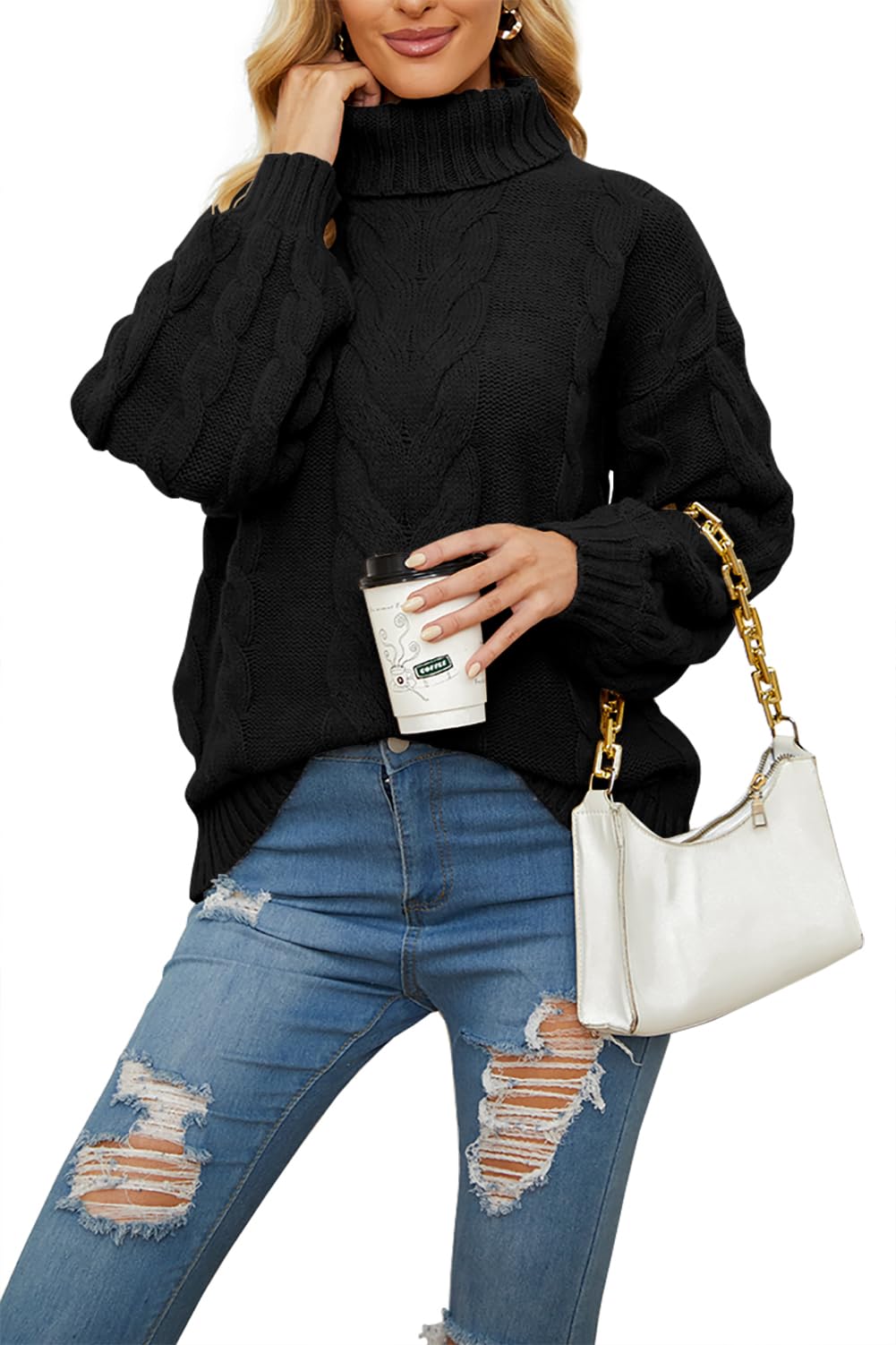 Basicspace Damen Winter Rollkragen Stehkragen Mode Langarm Zopfmuster Grobstrick Pullover Oberbekleidung Schwarzer Rollkragenpullover(M,Schwarz)
