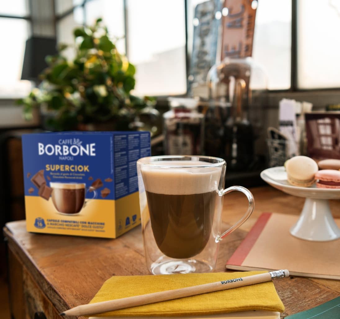 CAFFÈ BORBONE 128 cápsulas para máquinas Dolce Gusto® - Kit surtido: 64 cápsulas de bebida con sabor a chocolate (4 paquetes de 16) + 64 cápsulas de té con limón (4 paquetes de 16)