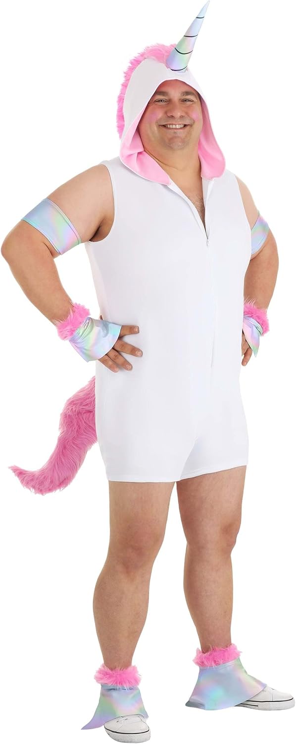 Dreamicorn Men's Plus Size Costume - Romper with Hood, Mane, Horn, Tail, Arm Bands
