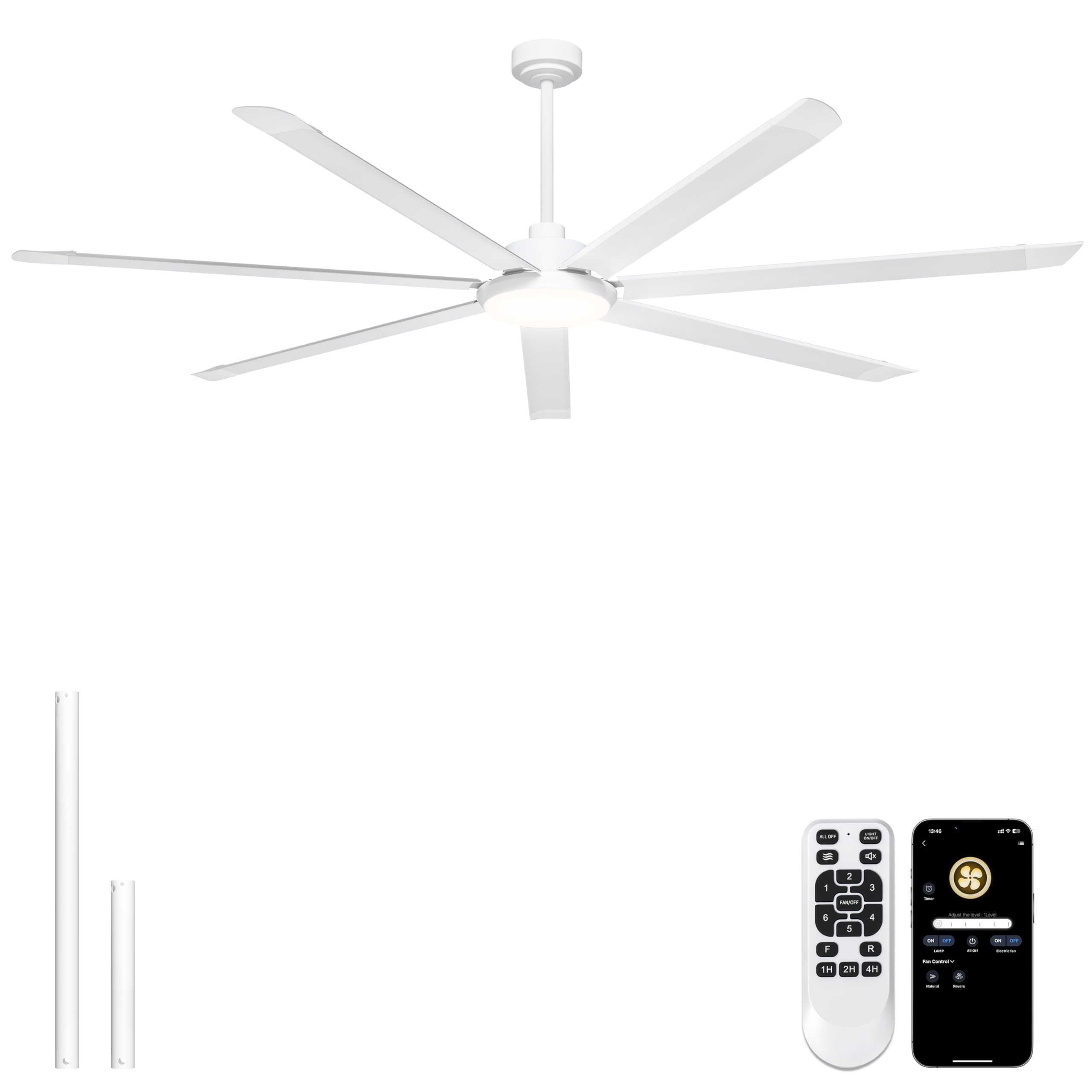 Ohniyou Ventilador de Techo de 213 cm con Luz - Ventiladores de Techo Industrial Grande con Control Remoto/APP, 7 Aspas de Aluminio, Motor DC Silencioso para Interior Exterior Terraza Garaje, Blanco - 2