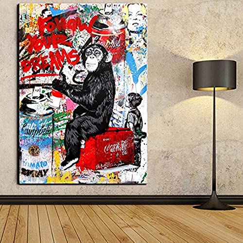 Faicai Art Banksy Graffiti Street Canvas Paintings Wall Drawing Orangutan ‘Follow Your Dreams’ Pop Prints Posters Modern Home Decorations Kids Room Decor 28"x40"