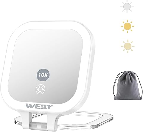 WEILY Espejo Maquillaje con Luz, 1X/10x Doble Cara Espejo Aumento, Espejo de Viaje con 3 Luces de Color y Control Táctil, Espejo de Mano Portátil Recargable por USB (Blanco)