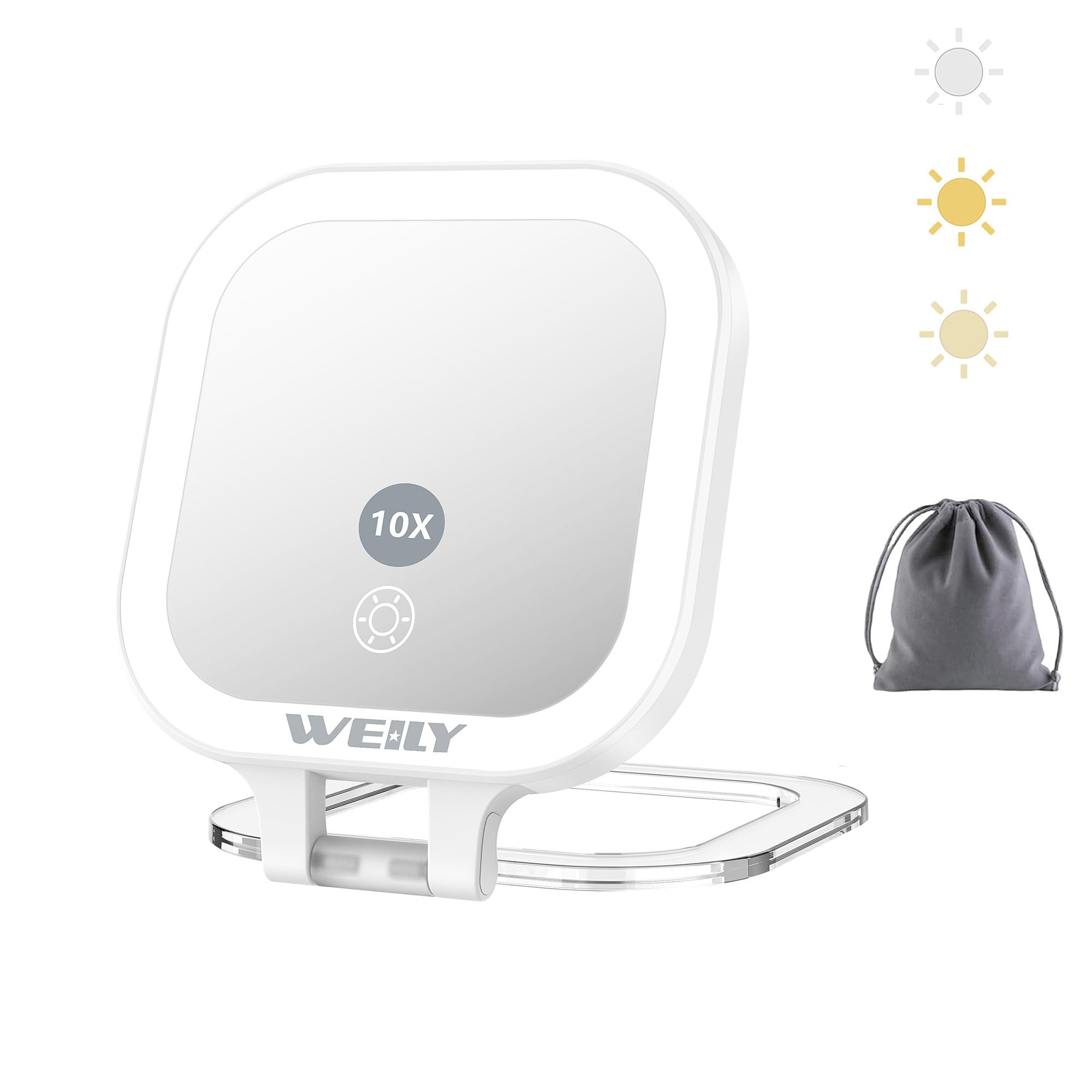 WEILY Compact Mirror with Lighting, 10X/1X Magnification, Double-Sided Travel Mirror, with 3 Colour Lights, Touch Control, Rechargeable Portable Mirror for Bedroom and Bathroom