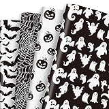 Whaline 12 Sheet Halloween Wrapping Paper Black White Pumpkin Ghost Spider Web Pattern Folded Flat Gift Wrap Paper 4 Design Art Paper for Halloween Party DIY Craft Gift Packing, 19.7 x 27.6 Inch