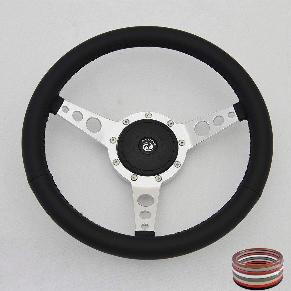15" Classic Wrapped Steering Wheel 9 bolt with Horn Button-Black
