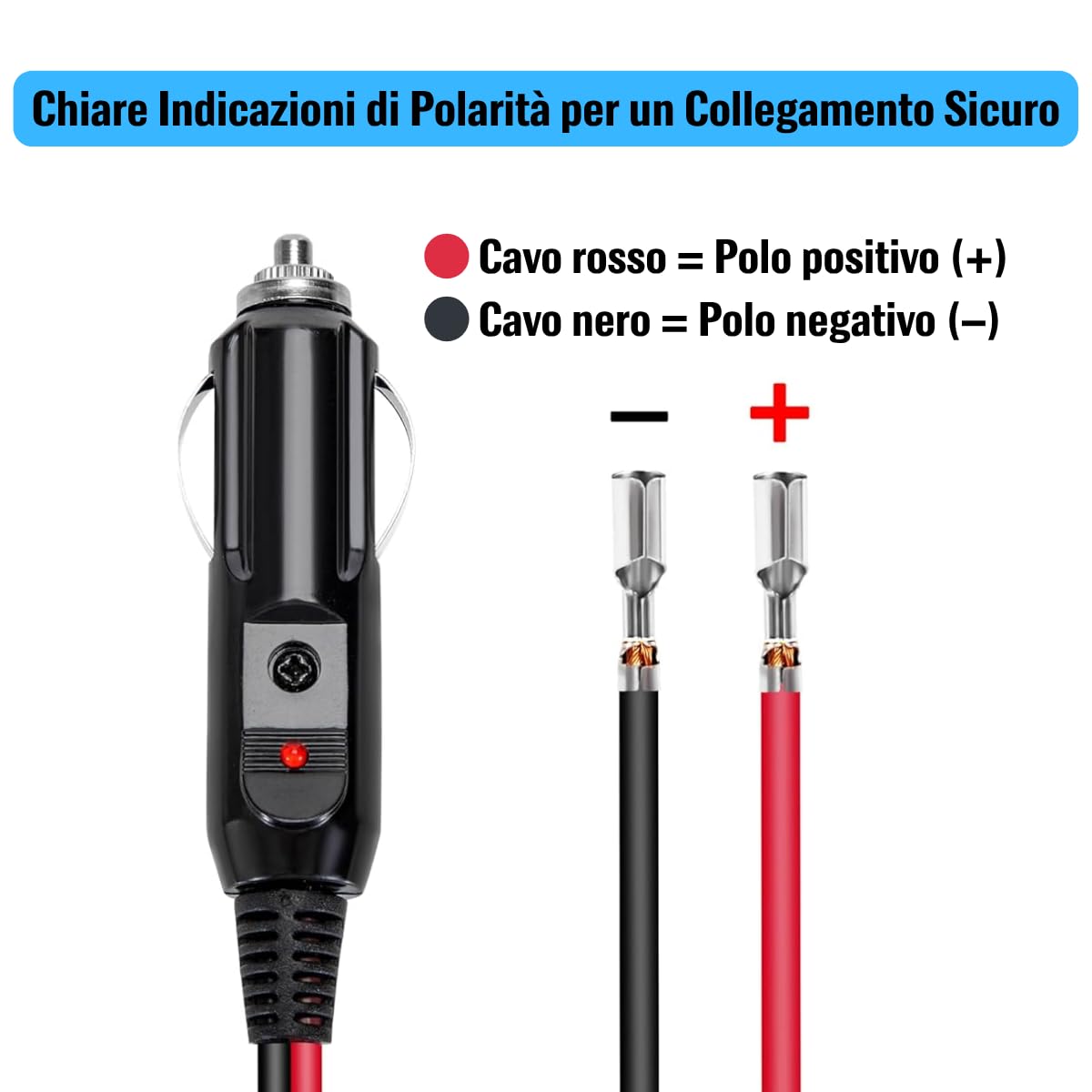 2 Pezzi Spinotto Presa Accendisigari Auto 12V/24V, Adattatore Maschio con Cavo 15CM 16AWG e Fusibile da 15A, Presa Accendisigari Universale per Auto, SUV, Camion, Veicoli DC