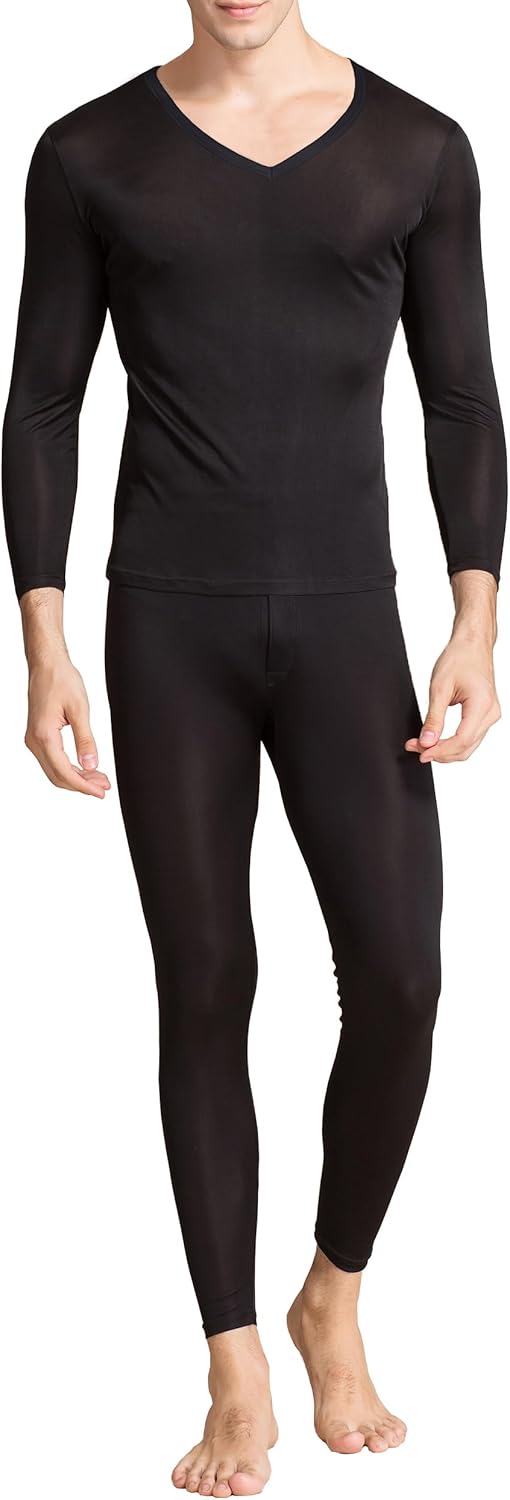 2Pcs Mens Pure Silk Winter Thermal Set Soft Underwear Base Longsleeve Johns Set Crew V Neck Silk Shirt+Pants