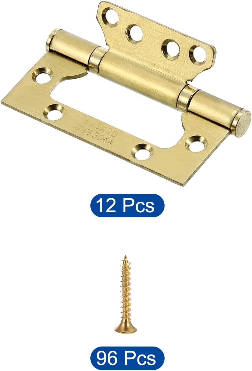 uxcell 12Pcs 4x3 Inch Door Hinges Non-Mortise No Noise Stainless Steel Bifold Door Hinges with Mounting Screws Brushed Surface for Furniture Window, Gold