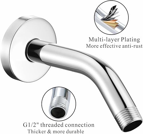 Miniatura 3 de Voolan Brazo de ducha con brida y cinta de teflón, brazo de extensión para cabezal de ducha fijo para baño, acero inoxidable sólido, montado en la