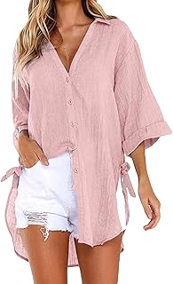 Long Button Down Shirts for Women Casual Cotton Linen Tops Loose Half Sleeve Shirt Oversize Solid Color Shirts