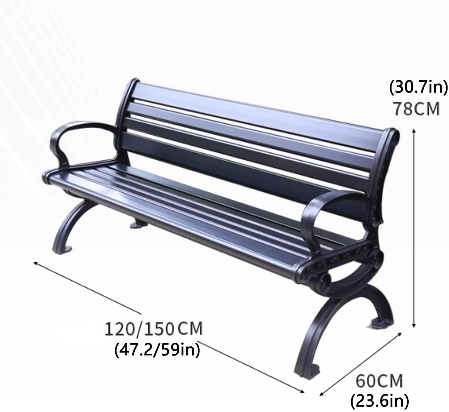 Garden Bench, Park Bench, Metal Outdoor Bench, Weatherproof Garden Bench, with Curved Backrest and Wide Armrest, for Patio, Park, Porch, Yard, Lawn(120cm/47.2in)