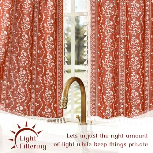 Image of Yinhua Boho Kitchen Curtains 36 Inch Length Vintage Linen Burnt Orange Cafe Curtains Light Filtering Floral Tier Rod Pocket Farmhouse Rustic Tassel Terracotta Small Drapes with Tiebacks, 2 Panels
