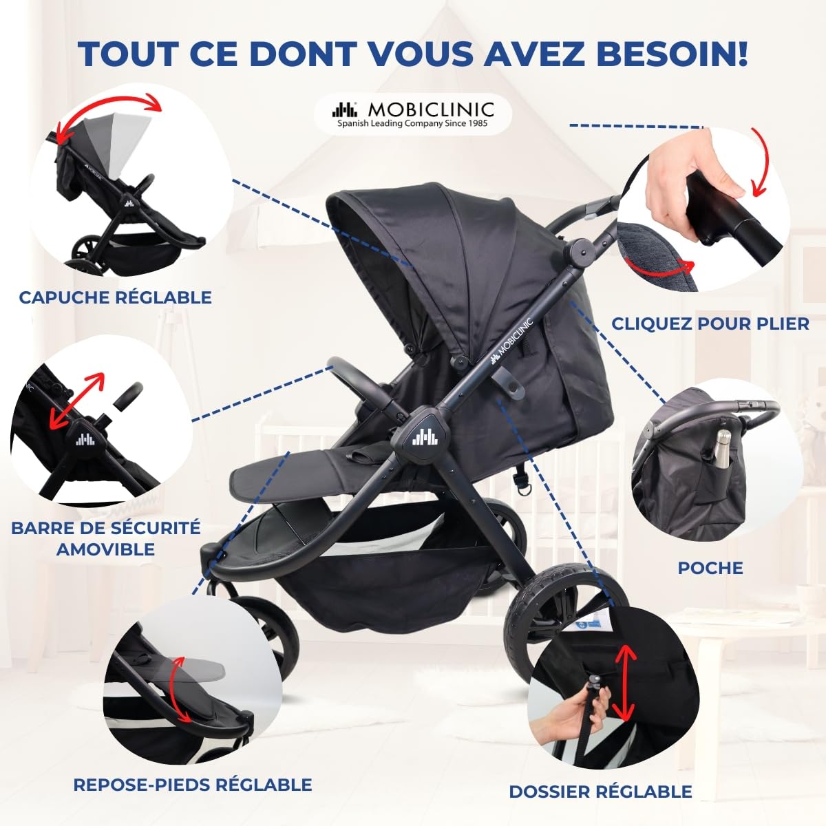 Mobiclinic® kids, Poussette 3 roues, Agnes, Tout-terrain, Guidon monobloc, Harnais 5 points, Poche arrière, Style sportif, Pliage d'une seule main, Panier xxl, Jusqu'à 22 kg