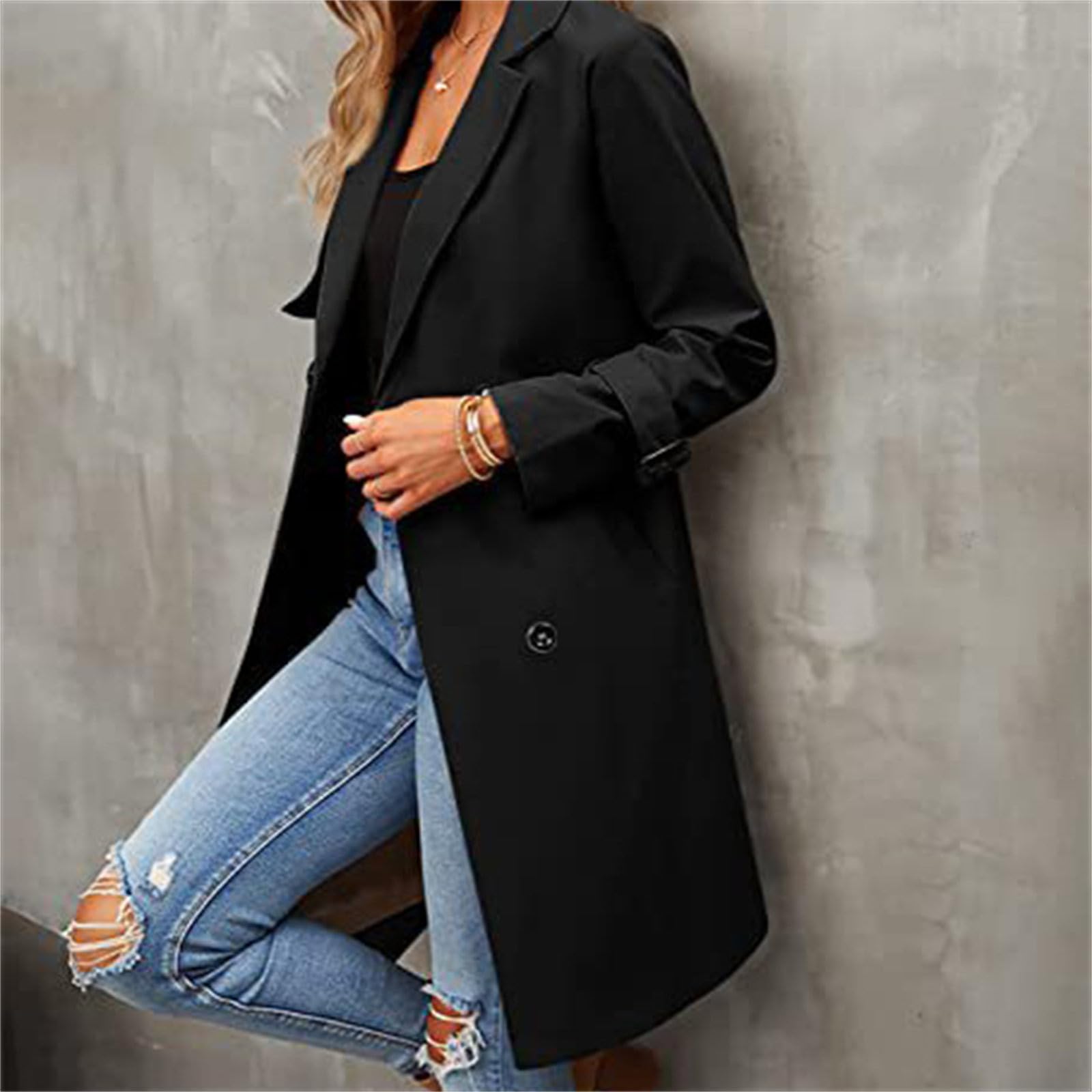 Generico Cappotto Di Lana Donna Autunno e inverno donna Tinta unita Fascia in vita bavero Doppio Trench Cappotto Donna Casual Trench versatile Piumini Donna Invernali (Black, S)