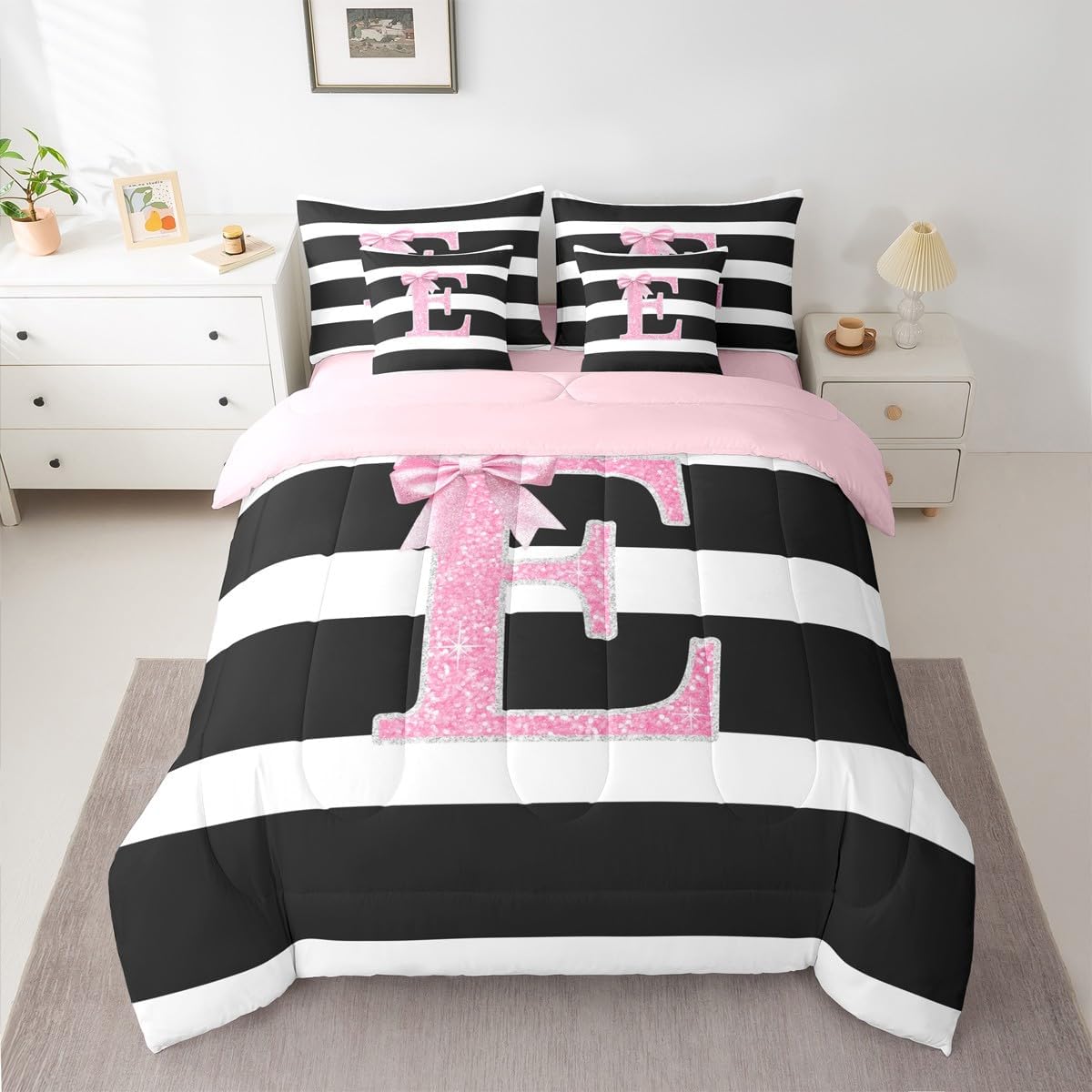 Erosebridal Monogram Letter E Queen 7 Piece Bedding Set for Kids Pink Bow Initial Letter Bed in A Bag Black White Stripes Comforter Set for Girls Teens Bedroom Decor Kawaii Bowknot Bed Sets