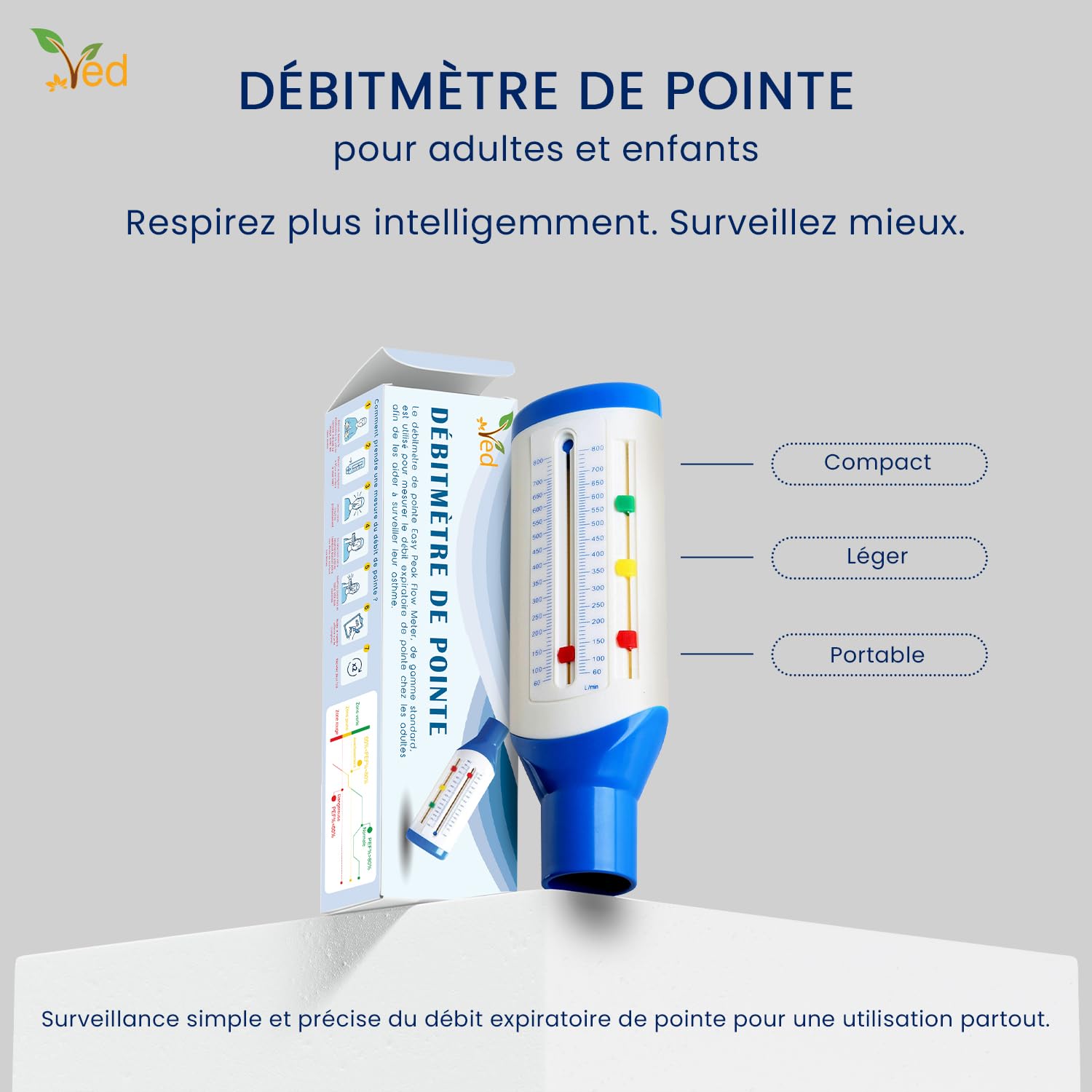 Débitmètre de pointe VED pour adultes, débitmètre expiratoire à plage standard pour la surveillance de la fonction pulmonaire, appareil portable de spirométrie pour l'entraînement respiratoire.