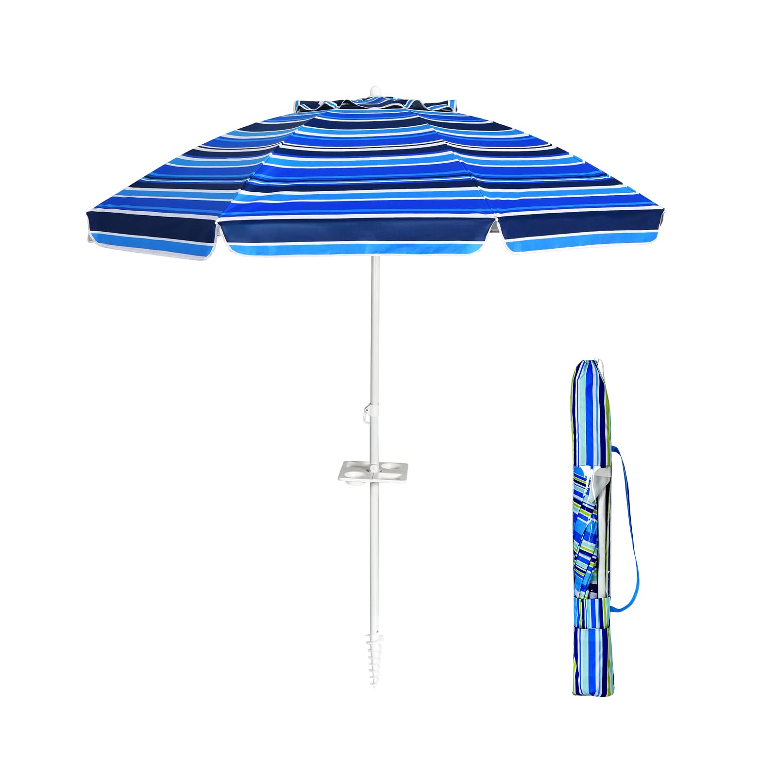 COSTWAY Ombrellone da Spiaggia 200 x 220 cm, Ombrellone da Mare con Inclinazione Regolabile, con Vassoio, 8 Stecche, Protezione UV, Impermeabile, Borsa di Trasporto (Blu Navy)