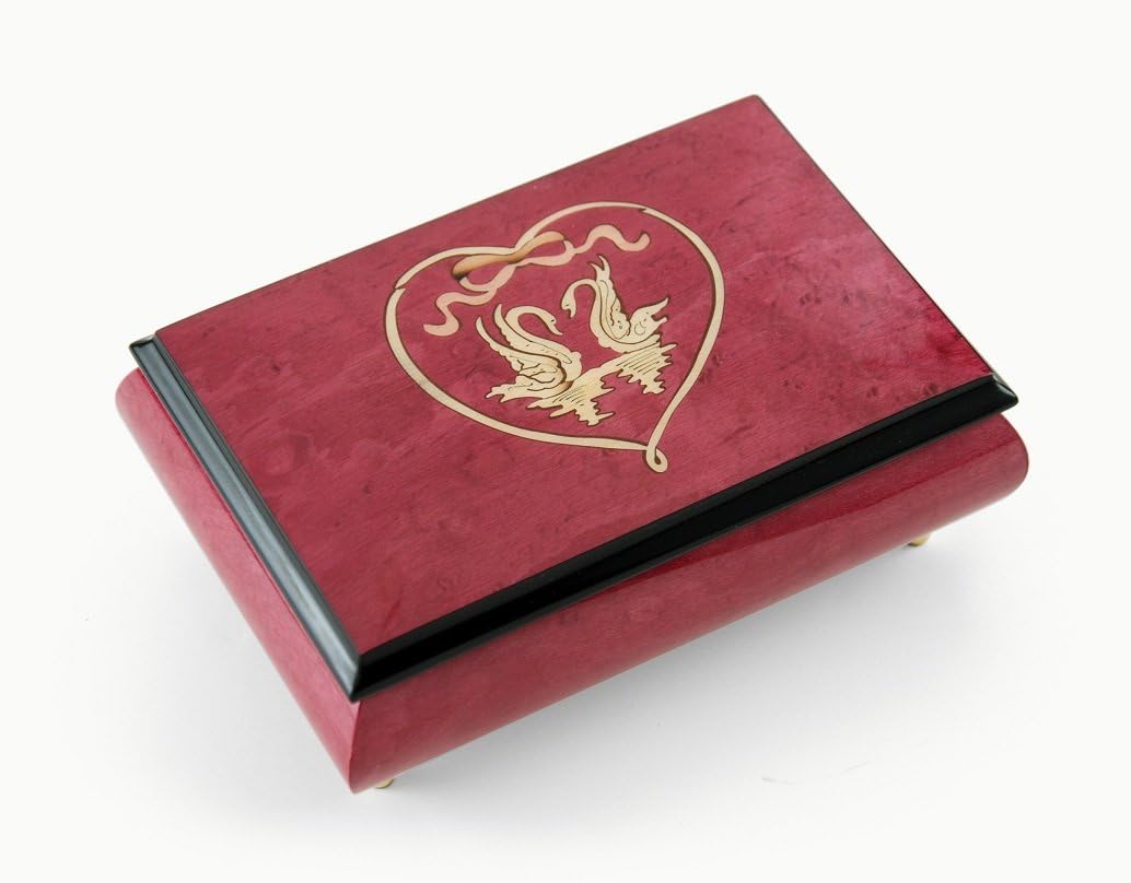 Romantic Red - Wine Swans in Heart Outline Sorrento Inlaid Music Box - Many Songs to Choose - Rock Around The Clock