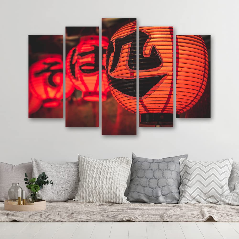 Feeby 5 parti Stampa Tela Non Tessuta 150x100 cm Giappone Kanji Lanterna di carta Decorazione murale Immagini Moderni Soggiorno Cultura giapponese Asia Festival rosso