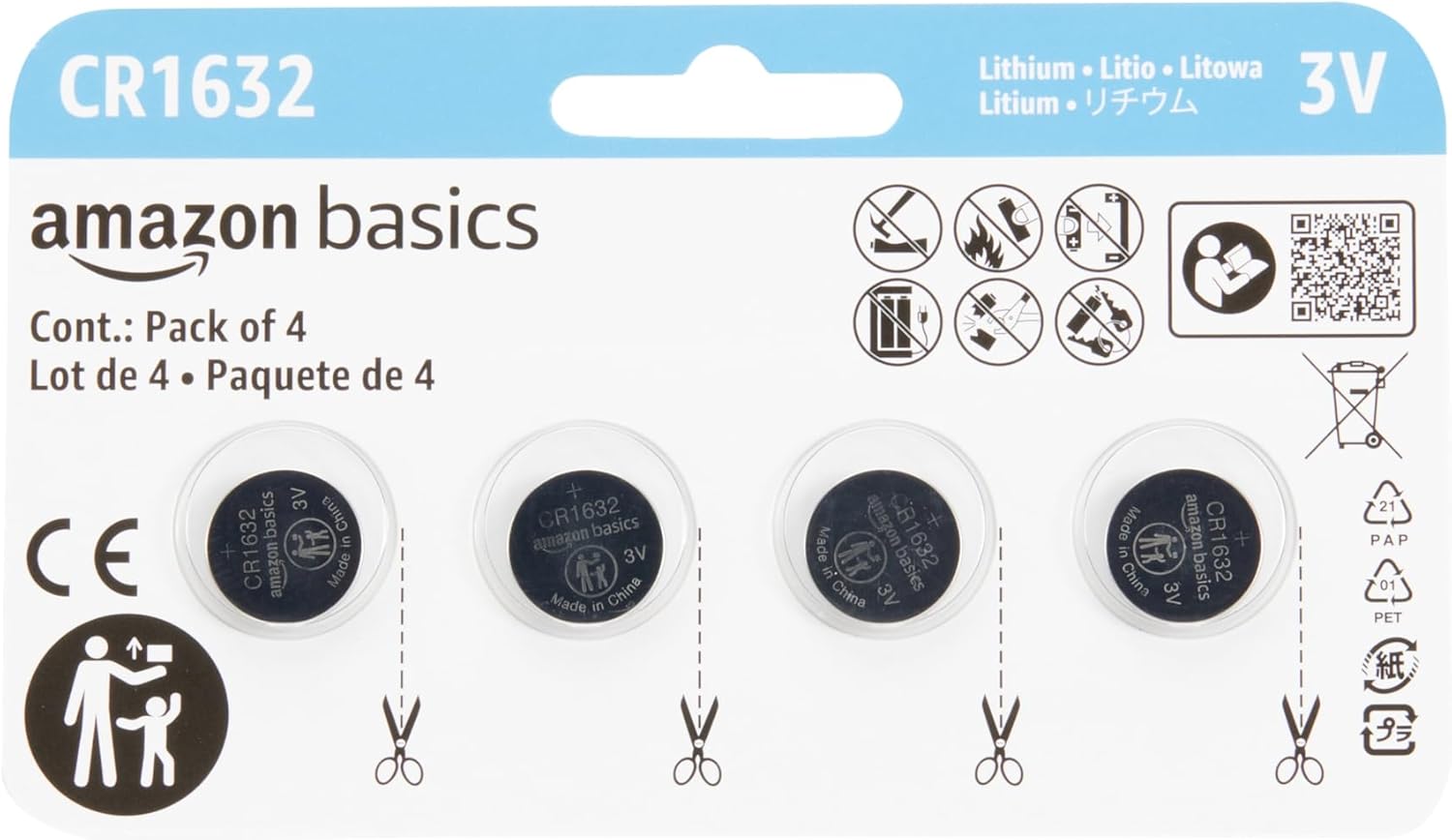 Amazon Basics 4-Pack 3 Volt CR1632 Lithium Coin Cell Battery, Long Lasting Power, Mercury-Free - Amazon product rated Grade A
