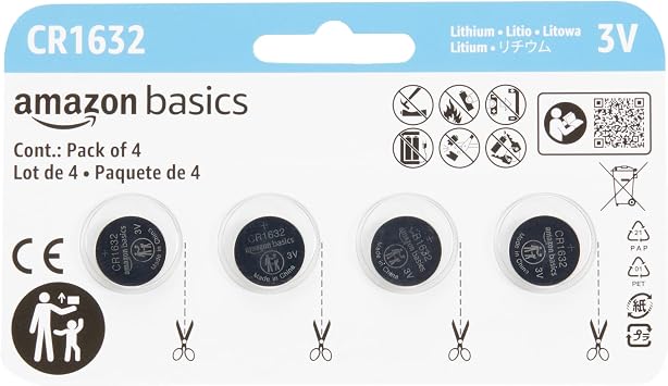 Amazon Basics 4-Pack CR1632 3 Volt Lithium Coin Cell Battery, Long Lasting Power, Mercury-Free, Reliable, Child Safety Packaging