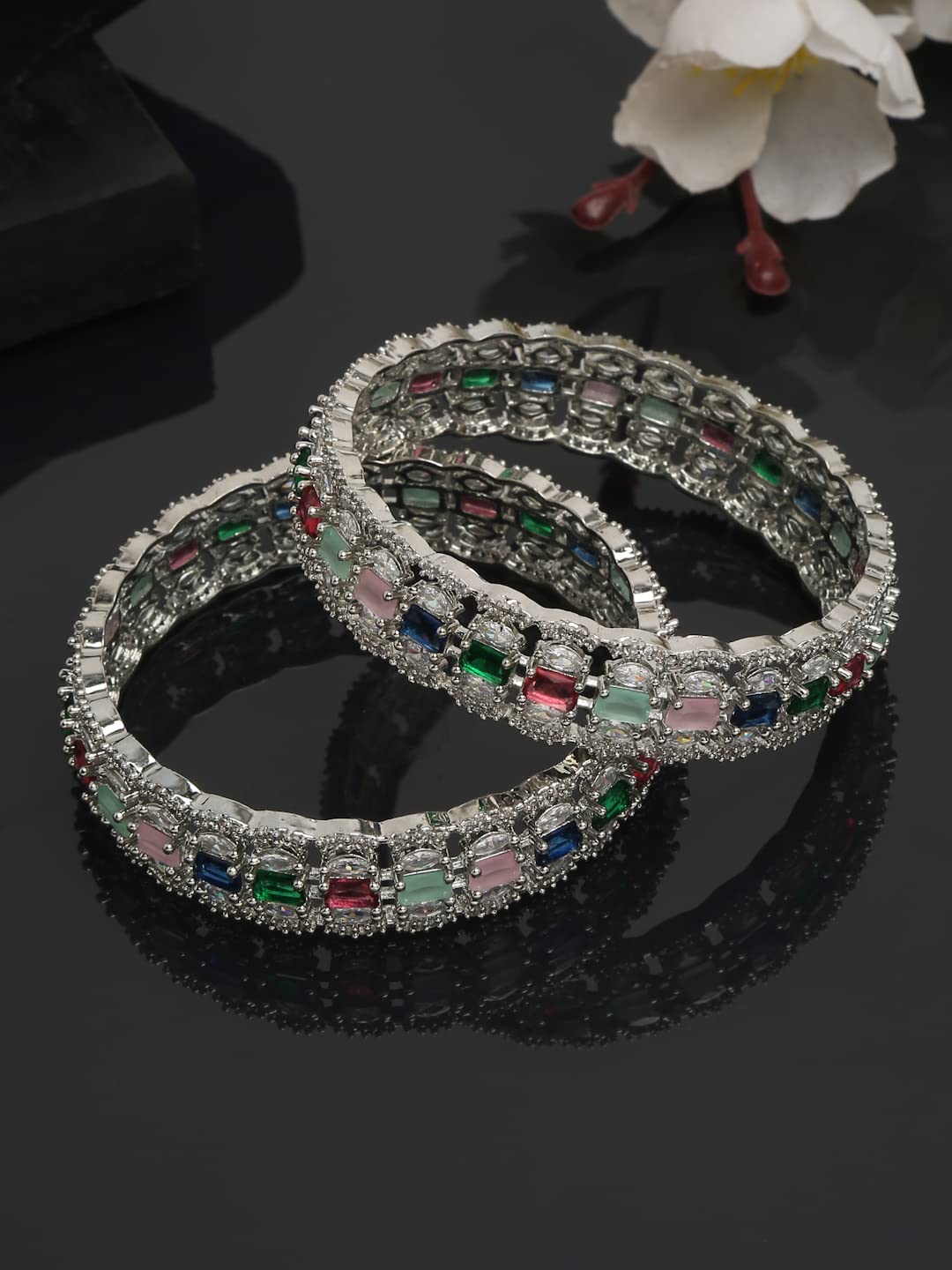Silver Plated Stone Studded Bangles Set