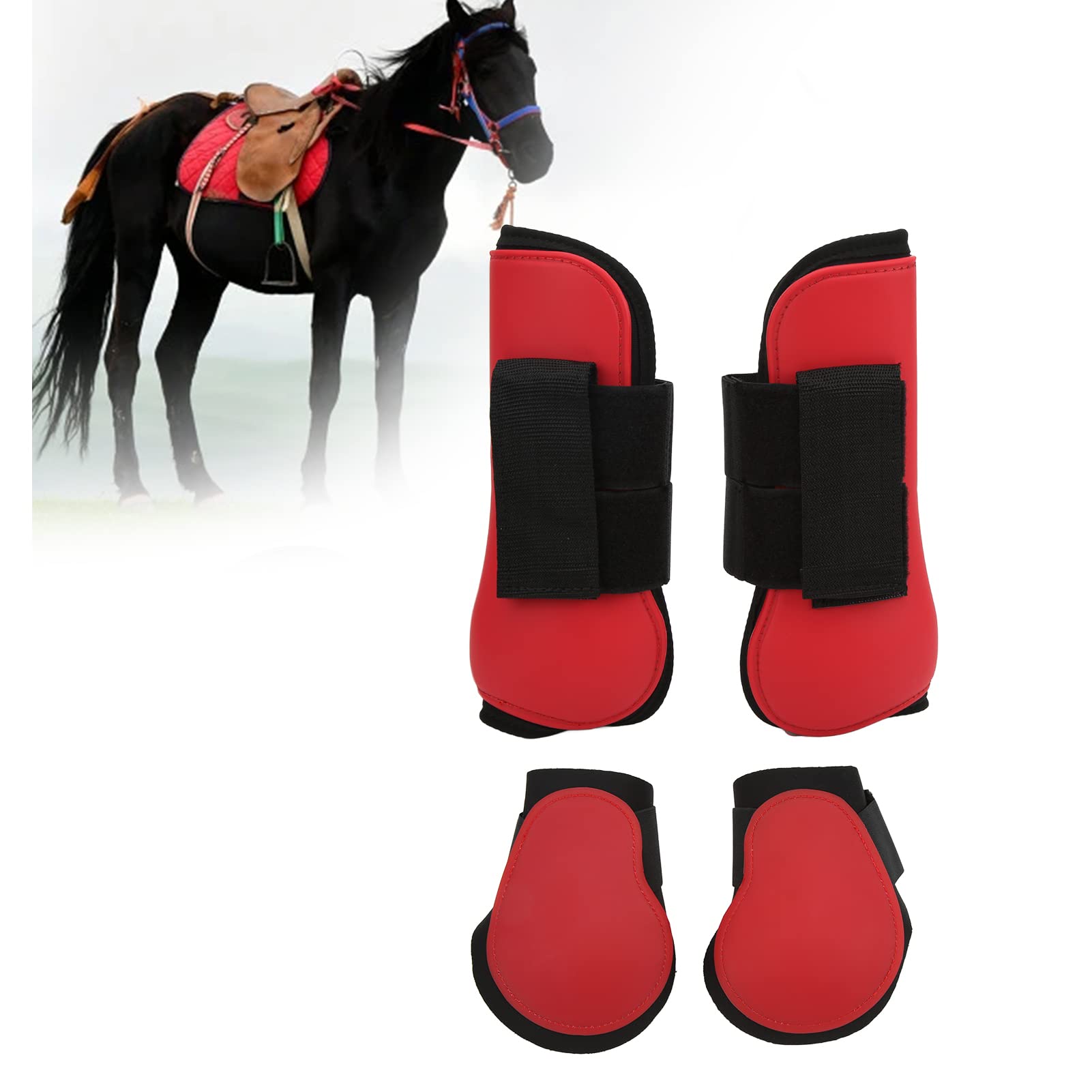 4 Stück Pferde-Sehnenstiefel-Set, PU-Schalen-Sehnenprotektoren mit weicher Polsterung und rutschfestem Design, Schutz für das Hinterbein beim Springen und bei Geländewettbewerben