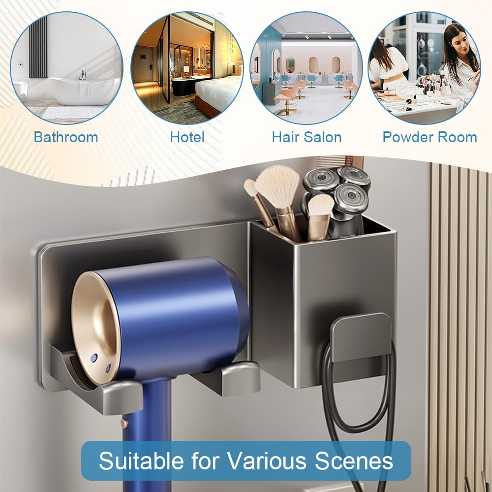 Porta Asciugacapelli Da Parete Senza Foratura - Supporto In Alluminio Con Portacavo, Nero - Foto 2