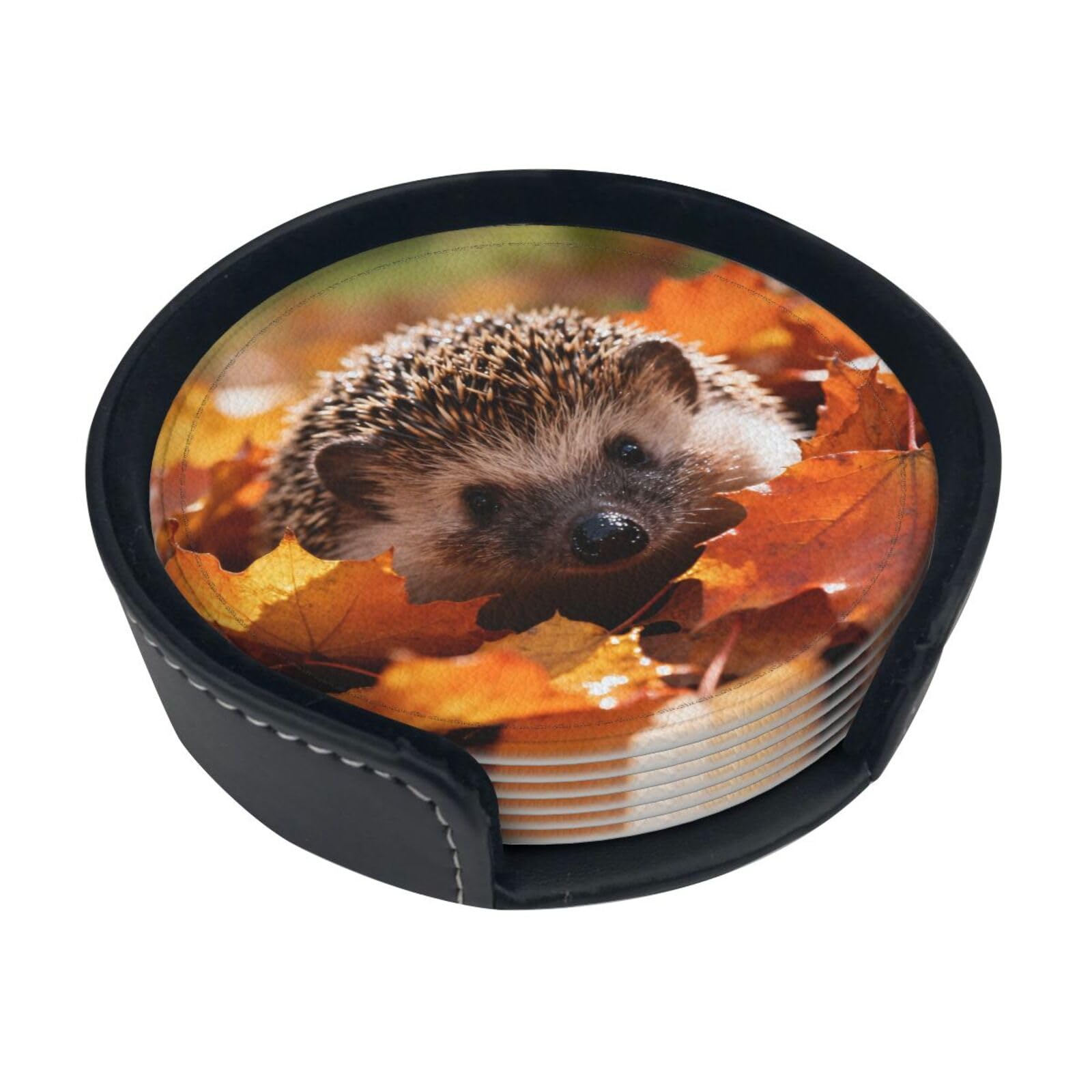 Cntdbu White Hedgehog Leather Coasters Set Of 6-Pu Leather Drink Mats For Table, Heat Resistant Round Coasters With Holder