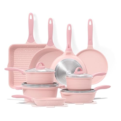 JEETEE Pots and Pans Set Nonstick, Induction Cookware Sets for Kitchen, Healthy Cooking Set w/Granite Stone Frying Pans & Saucepans & Sauté Pan, Griddle Pan,Crepe Pan, PFOA Free (Pink, 23Pcs) - Pink 23 pcs Granite Set