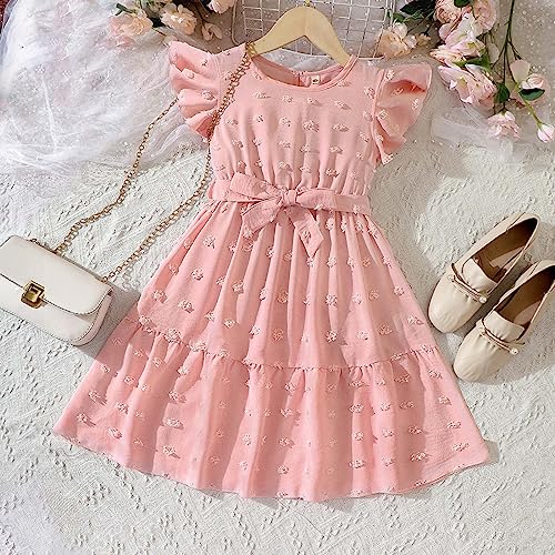 KAGAYD Little Girls Flutter Sleeve Dresses Summer Bow Tie Cotton Casual Skater Swing Twirling Sundress2