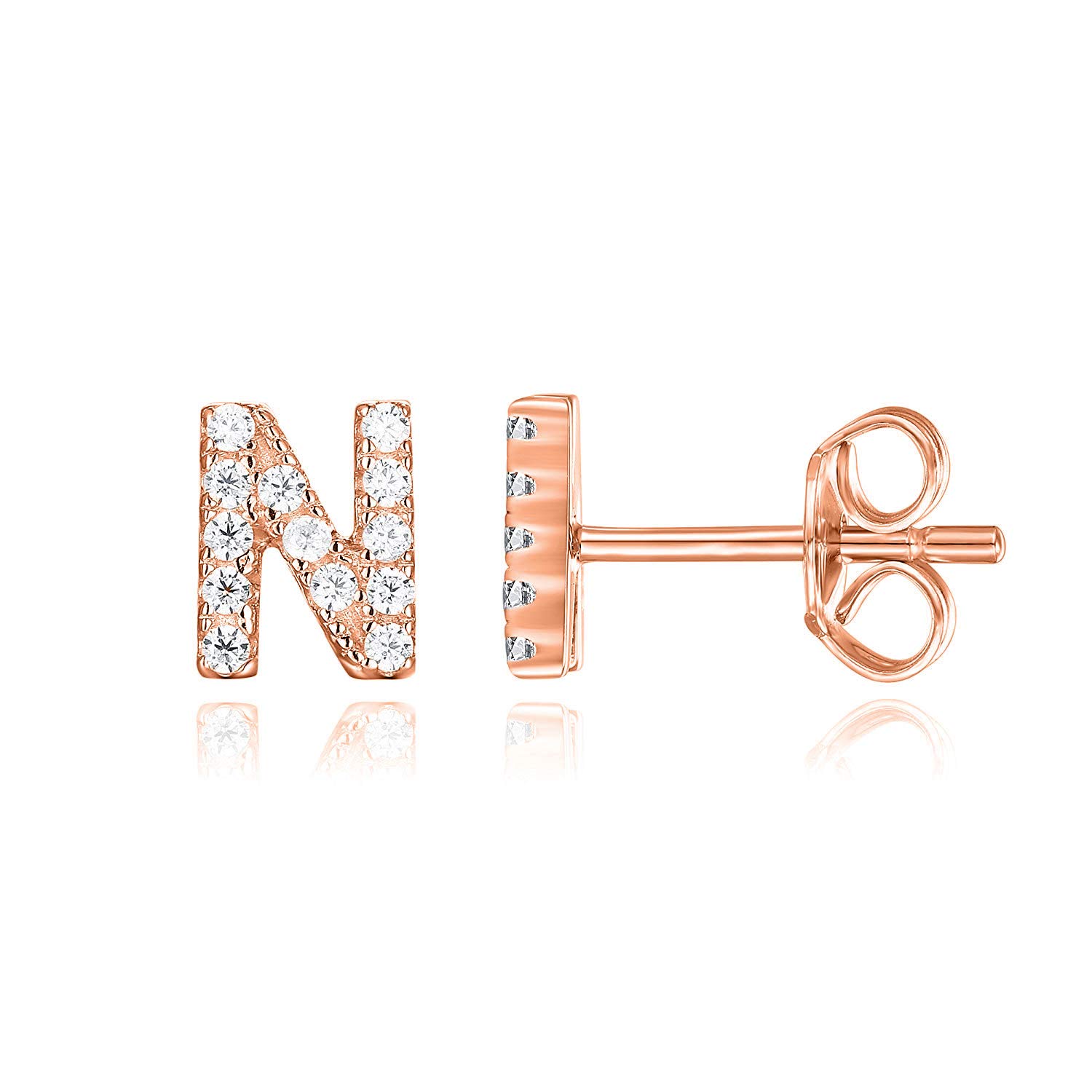 – Rose Gold Plated Cubic Zirconia Initial N Letter Stud Earrings for Women, Simulated Diamond Alphabet Letter Earrings