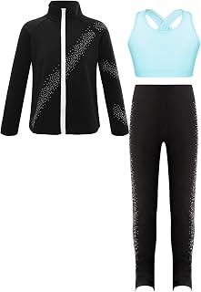 Kids Girls Skating Workout Gymnastics Outfits Long Sleeve Zipper Outerwear Vest and Sparkly Rhinestones Leggings Set