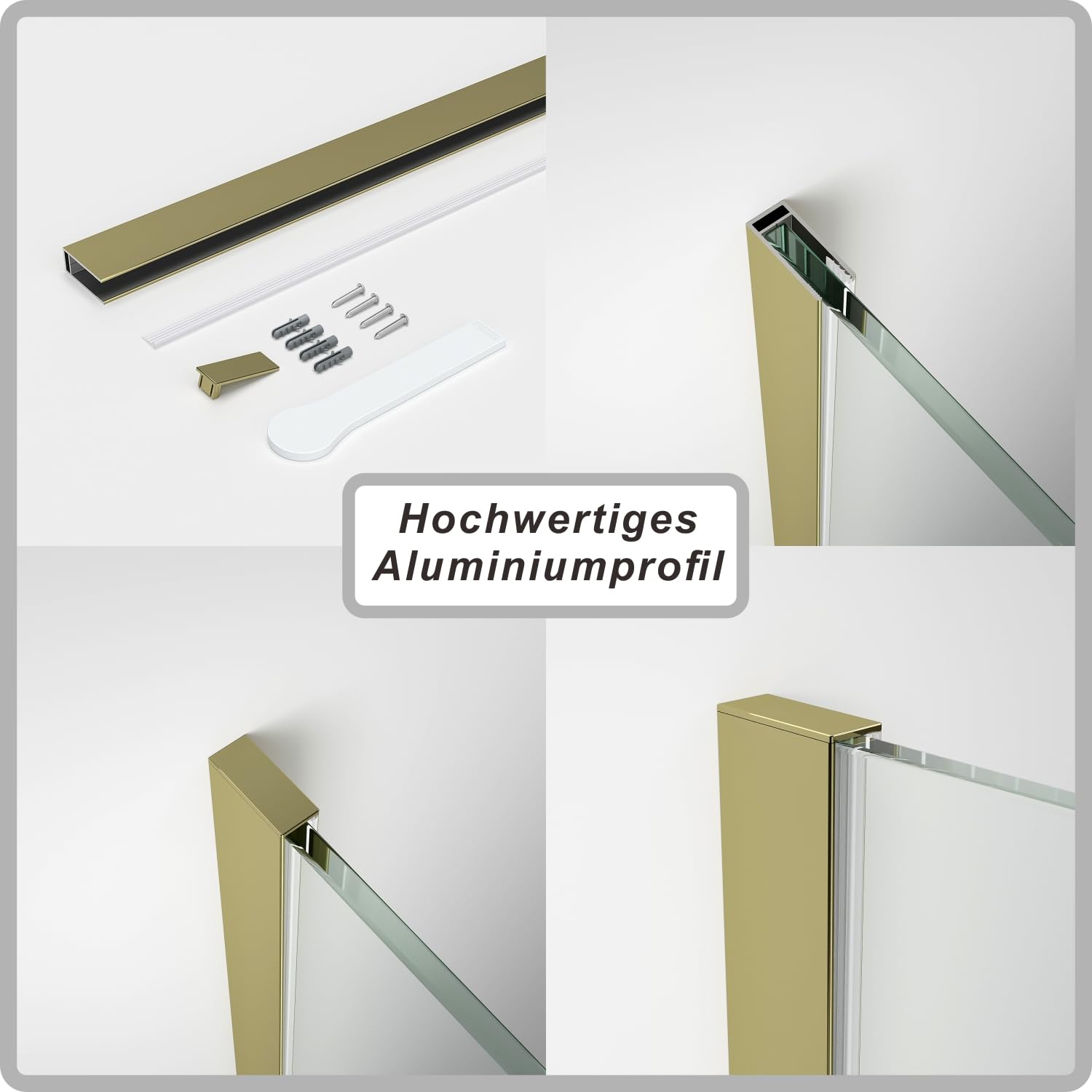 Wandanschlussprofil Wandprofil für Dusche Duschwand Glas U-Profil aus Aluminium mit Stabilisationsstange Stabilisierungsstange Duschkabine Stabilisator Aluminium Gebürstetes Gold für Glasstärke 8 mm